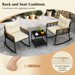 3 Piece Outdoor PE Rattan Rocking Bistro Set with Acacia Armrests and 2 Tier Tempered Glass Table, Cream Cushions
