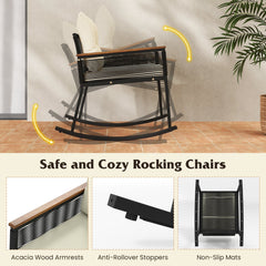 3 Piece Outdoor PE Rattan Rocking Bistro Set with Acacia Armrests and 2 Tier Tempered Glass Table, Cream Cushions