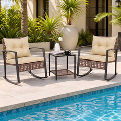 3 Piece Outdoor Rocking Chair Set, 2 Brown Wicker Rockers with Beige Cushions and a 2 Tier Glass Top Side Table