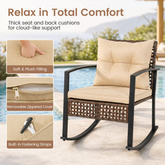 3 Piece Outdoor Rocking Chair Set, 2 Brown Wicker Rockers with Beige Cushions and a 2 Tier Glass Top Side Table