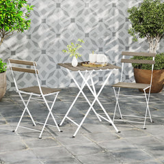 3 Piece Grey Wash Acacia Bistro Set, 21.5 Inch Slatted Square Table and 2 Folding Chairs on a White Metal Frame