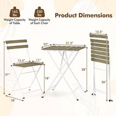 3 Piece Grey Wash Acacia Bistro Set, 21.5 Inch Slatted Square Table and 2 Folding Chairs on a White Metal Frame