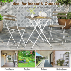 3 Piece Grey Wash Acacia Bistro Set, 21.5 Inch Slatted Square Table and 2 Folding Chairs on a White Metal Frame