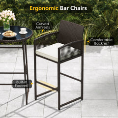 3 Piece Patio Bar Set Outdoor Wicker Bar Height Table and Armchairs-White