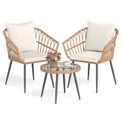 3 Piece Patio Bistro Set, 2 Hand Woven Rattan Armchairs Rated 400 lb with Cream Cushions and 16.5 in Round Tempered Glass Table