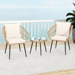 3 Piece Patio Bistro Set, 2 Hand Woven Rattan Armchairs Rated 400 lb with Cream Cushions and 16.5 in Round Tempered Glass Table