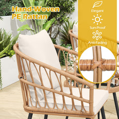 3 Piece Patio Bistro Set, 2 Hand Woven Rattan Armchairs Rated 400 lb with Cream Cushions and 16.5 in Round Tempered Glass Table