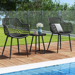 3 Piece Patio Chair Set, 2 Lattice Back PP Armchairs and Round Concave Top Coffee Table on Metal Legs, Black