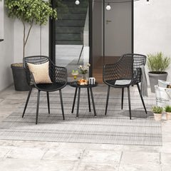 3 Piece Patio Chair Set, 2 Lattice Back PP Armchairs and Round Concave Top Coffee Table on Metal Legs, Black