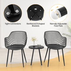 3 Piece Patio Chair Set, 2 Lattice Back PP Armchairs and Round Concave Top Coffee Table on Metal Legs, Black