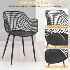 3 Piece Patio Chair Set, 2 Lattice Back PP Armchairs and Round Concave Top Coffee Table on Metal Legs, Black