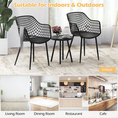 3 Piece Patio Chair Set, 2 Lattice Back PP Armchairs and Round Concave Top Coffee Table on Metal Legs, Black