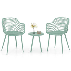 3 Piece Patio Chair Set, 2 Lattice Back PP Armchairs 34 in Tall and 16 in Round Concave Top Table on Metal Legs, Sage Green
