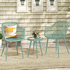 3 Piece Patio Chair Set, 2 Lattice Back PP Armchairs 34 in Tall and 16 in Round Concave Top Table on Metal Legs, Sage Green