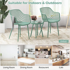 3 Piece Patio Chair Set, 2 Lattice Back PP Armchairs 34 in Tall and 16 in Round Concave Top Table on Metal Legs, Sage Green
