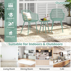 3 Piece Patio Chair Set, 2 Lattice Back PP Armchairs 34 in Tall and 16 in Round Concave Top Table on Metal Legs, Sage Green