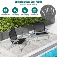 3 Piece Folding Patio Set, 2 Wide Seat Folding Chairs Rated 330 lb and 18 in Round Tempered Glass Table