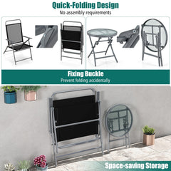 3 Piece Folding Patio Set, 2 Wide Seat Folding Chairs Rated 330 lb and 18 in Round Tempered Glass Table