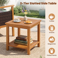 3 Piece Patio Conversation Set, 2 Acacia and Rattan Lounge Chairs with Grey Cushions and an 18 Inch 2 Tier Side Table