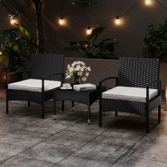 3 Piece Patio Wicker Bistro Set, 2 Black Wicker Armchairs with Off White Seat Cushions and a 20 in Glass Top Coffee Table