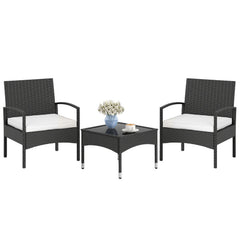 3 Piece Patio Wicker Bistro Set, 2 Black Wicker Armchairs with Off White Seat Cushions and a 20 in Glass Top Coffee Table