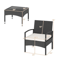 3 Piece Patio Wicker Bistro Set, 2 Black Wicker Armchairs with Off White Seat Cushions and a 20 in Glass Top Coffee Table