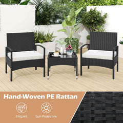 3 Piece Patio Wicker Bistro Set, 2 Black Wicker Armchairs with Off White Seat Cushions and a 20 in Glass Top Coffee Table