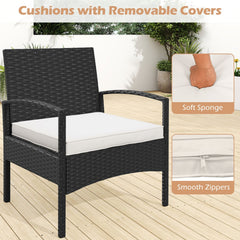 3 Piece Patio Wicker Bistro Set, 2 Black Wicker Armchairs with Off White Seat Cushions and a 20 in Glass Top Coffee Table