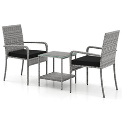 3 Piece Balcony Patio Furniture Set, 2 Rattan Armchairs Rated 400 lb and Two Tier Tempered Glass Side Table, Black Cushions