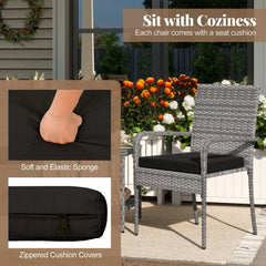 3 Piece Balcony Patio Furniture Set, 2 Rattan Armchairs Rated 400 lb and Two Tier Tempered Glass Side Table, Black Cushions