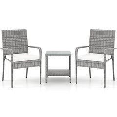 3 Piece Balcony Patio Furniture Set, 2 Rattan Armchairs Rated 400 lb and Two Tier Tempered Glass Side Table, Cream Cushions