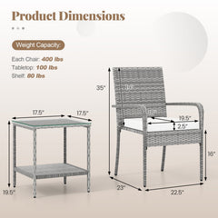 3 Piece Balcony Patio Furniture Set, 2 Rattan Armchairs Rated 400 lb and Two Tier Tempered Glass Side Table, Cream Cushions