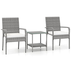 3 Piece Balcony Patio Furniture Set, 2 Rattan Armchairs Rated 400 lb and Two Tier Tempered Glass Side Table, Cream Cushions