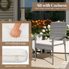 3 Piece Balcony Patio Furniture Set, 2 Rattan Armchairs Rated 400 lb and Two Tier Tempered Glass Side Table, Cream Cushions