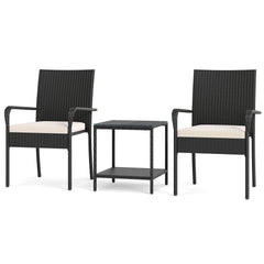 3 Piece Patio Rattan Set, 2 Woven Armchairs Rated 400 lb with White Cushions and 2 Tier Tempered Glass Side Table