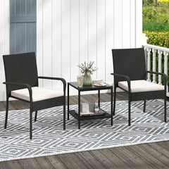3 Piece Patio Rattan Set, 2 Woven Armchairs Rated 400 lb with White Cushions and 2 Tier Tempered Glass Side Table