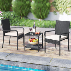 3 Piece Patio Rattan Set, 2 Woven Armchairs Rated 400 lb with White Cushions and 2 Tier Tempered Glass Side Table