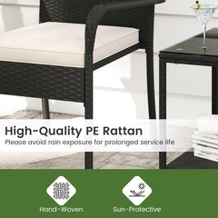 3 Piece Patio Rattan Set, 2 Woven Armchairs Rated 400 lb with White Cushions and 2 Tier Tempered Glass Side Table