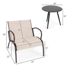 3 Piece Patio Sling Chair Set, 2 Wide 22 in Seats Rated 400 lb on Metal and Aluminium Frames with 20 in Round Three Leg Table