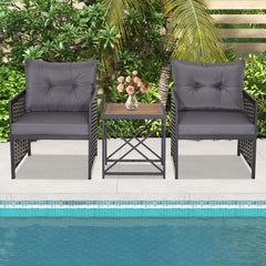 3 Piece Patio Rattan Set, 2 Woven Armchairs Rated 360 lb with Grey Cushions and 19 in Solid Acacia Top Side Table