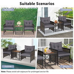 3 Piece Patio Rattan Set, 2 Woven Armchairs Rated 360 lb with Grey Cushions and 19 in Solid Acacia Top Side Table