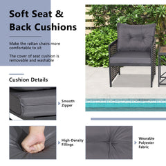 3 Piece Patio Rattan Set, 2 Woven Armchairs Rated 360 lb with Grey Cushions and 19 in Solid Acacia Top Side Table