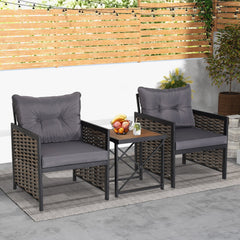 3 Piece Patio Rattan Set, 2 Woven Armchairs Rated 360 lb with Grey Cushions and 19 in Solid Acacia Top Side Table