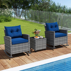 3 Piece Patio Rattan Rocking Chair Set, 2 Mix Grey Wicker Rockers Rated 400 lb with Blue Cushions and an 18 in Glass Top Table