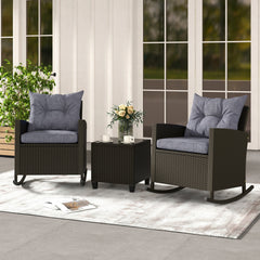 3 Piece Patio Rattan Rocking Chair Set, 2 Dark Brown Wicker Rockers Rated 400 lb with Grey Cushions and an 18 in Glass Top Table
