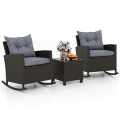 3 Piece Patio Rattan Rocking Chair Set, 2 Dark Brown Wicker Rockers Rated 400 lb with Grey Cushions and an 18 in Glass Top Table