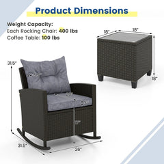 3 Piece Patio Rattan Rocking Chair Set, 2 Dark Brown Wicker Rockers Rated 400 lb with Grey Cushions and an 18 in Glass Top Table