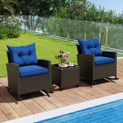 3 Piece Patio Rattan Rocking Chair Set, 2 Dark Brown Wicker Rockers Rated 400 lb with Blue Cushions and an 18 in Glass Top Table