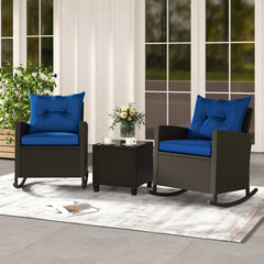 3 Piece Patio Rattan Rocking Chair Set, 2 Dark Brown Wicker Rockers Rated 400 lb with Blue Cushions and an 18 in Glass Top Table