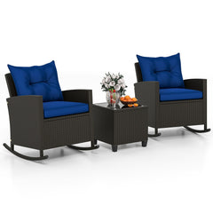 3 Piece Patio Rattan Rocking Chair Set, 2 Dark Brown Wicker Rockers Rated 400 lb with Blue Cushions and an 18 in Glass Top Table